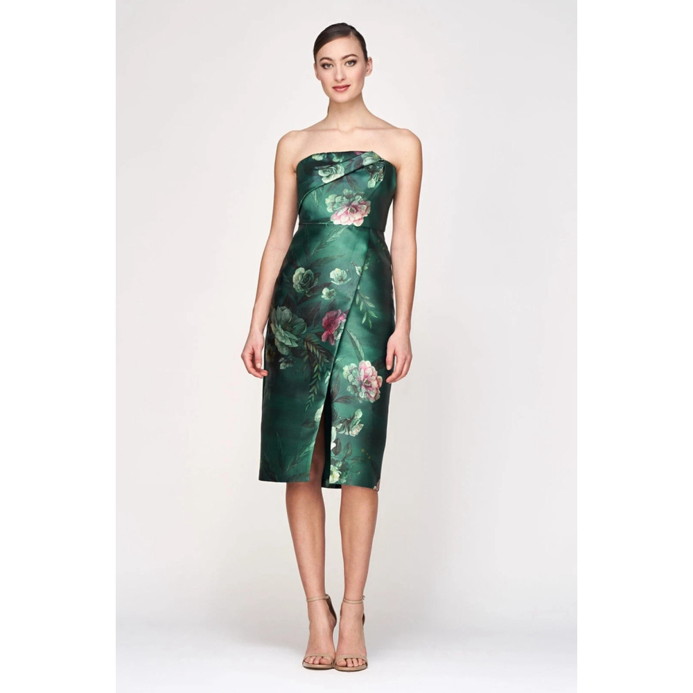 Kay Unger Floral Mikado Strapless Bodice Faux Wrap Front Slit Dress Size 6